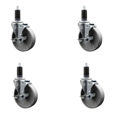 Service Caster 5'' Semi Steel Swivel 1-1/4'' Expanding Stem Caster Set with Brake, 4PK SCC-EX20S514-SSS-TLB-114-4